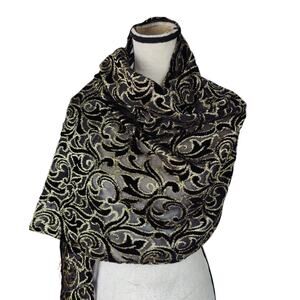 Women's Burnout Velvet Black Gold Glitter Floral Shawl Fringe Elegant Cover Up